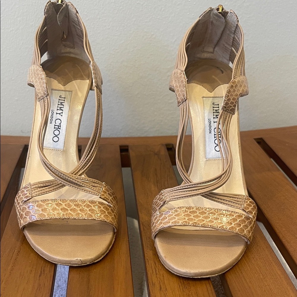 Jimmy Choo Gold and Tan Strappy Heels